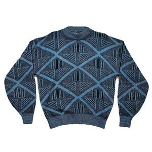 Vintage JON1E Leather Patch Knit Sweater Mens XL Blue Geometric Pullover